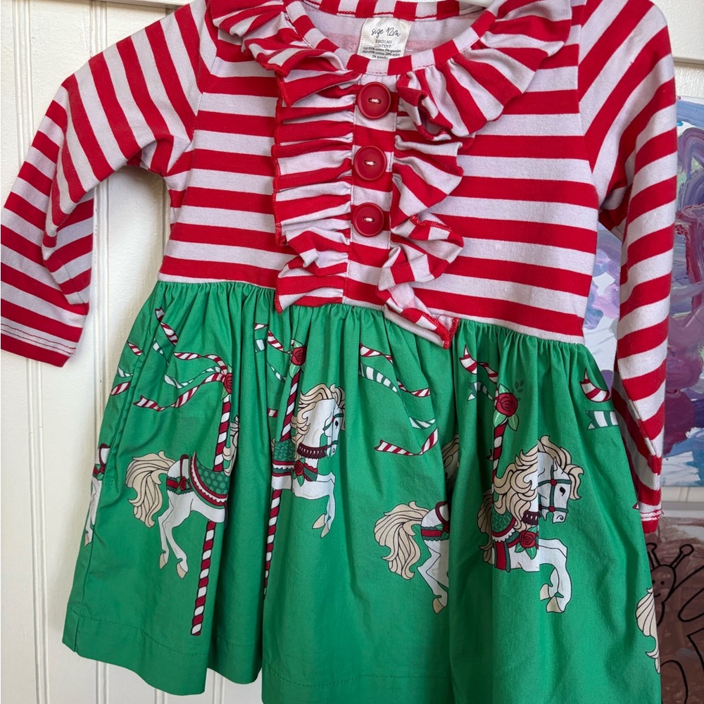 Eleanor Rose Carousel Christmas Dress Red Green Striped Dress Horse Design